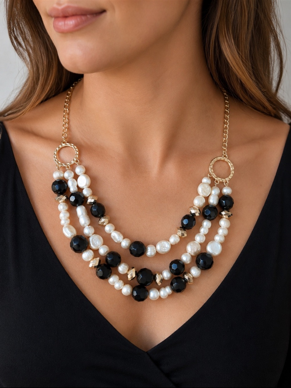 Gold Tone Black & Faux Pearl Triple Strand Statement Necklace